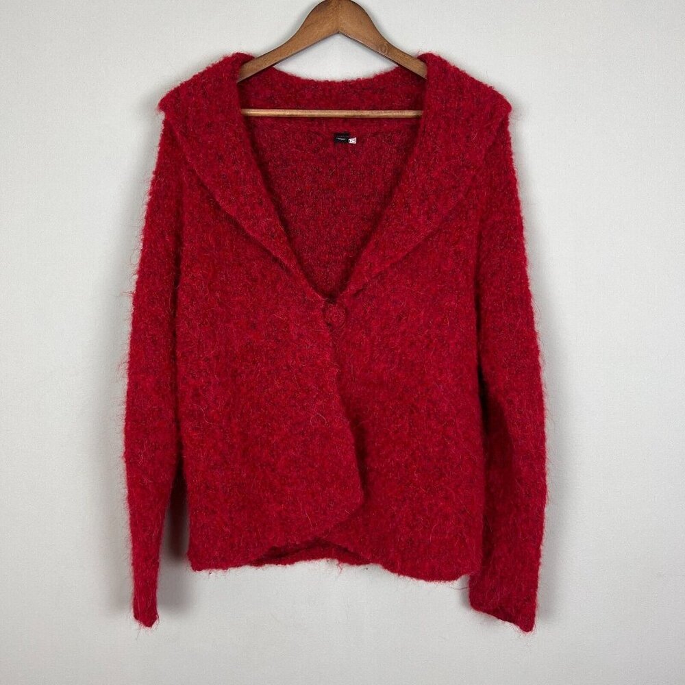 TEY ART Cardigan Sweater Womens Large Red One Button Collar Alpaca Wool Peru L